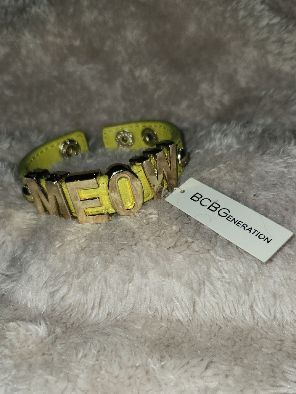 BCBGeneration Yellow Leather Cuff Bracelet with Gold 'MEOW' Letters